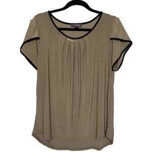Luxology‎ Blouse Pleated Front Round Neck Black Trim Short Sleeve Beige Size L